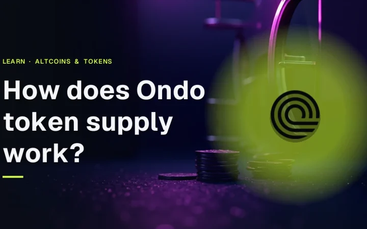 The title How does Ondo token supply work appears with the Ondo logo over a dark navy background of blank coins and a glass vault.