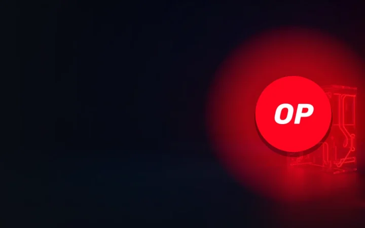 Das Optimism-Logo über einem dunkelblauen Hintergrund aus leuchtenden roten Leiterbahnen und Glasblöcken.