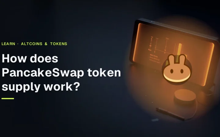 The title How does PancakeSwap token supply work over a dark desk with a glowing screen of orange bars and blank metal discs.