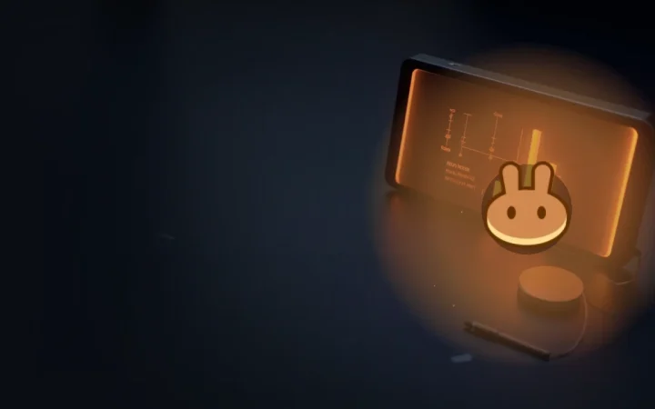The PancakeSwap logo over a dark desk with a glowing screen of orange bars and blank metal discs.