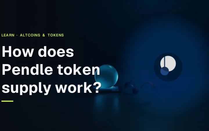 The title How does Pendle token supply work with the real Pendle logo over a dark desk with a glowing blue glass sphere and blank metal bars.