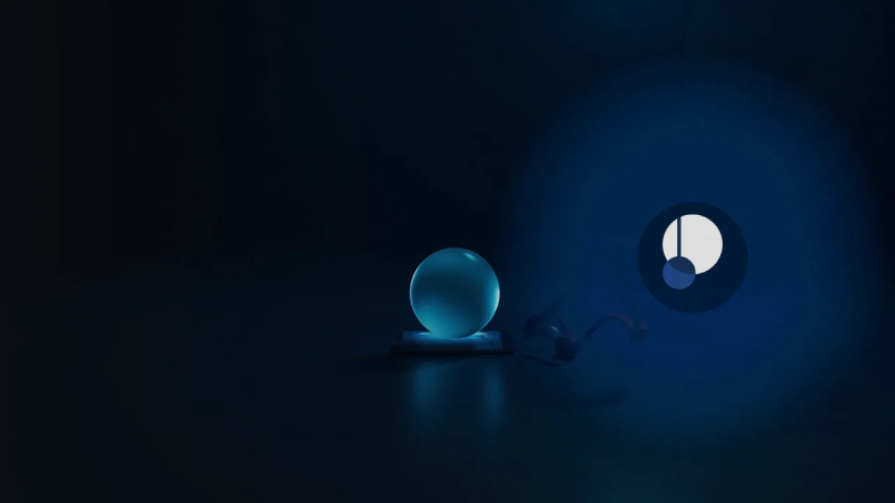 Das Pendle-Logo über einem dunklen Schreibtisch mit einer leuchtenden blauen Glaskugel und blanken Metallstäben.