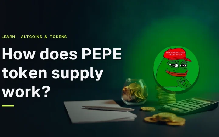 PEPE token supply guide cover with the Pepe logo on a dark background of coins, a glass vault, and a calculator.
