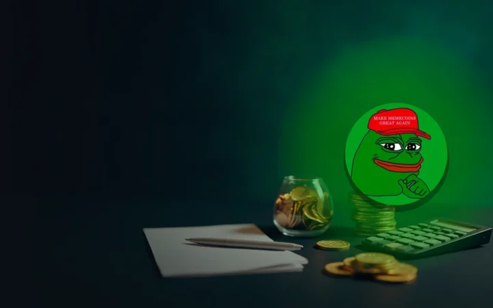 The Pepe logo over a dark background of coins, a glass vault, and a calculator.