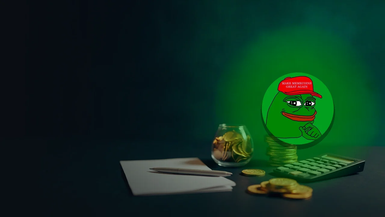 Pepe-logotypen över en mörk bakgrund av mynt, ett glasvalv och en miniräknare.