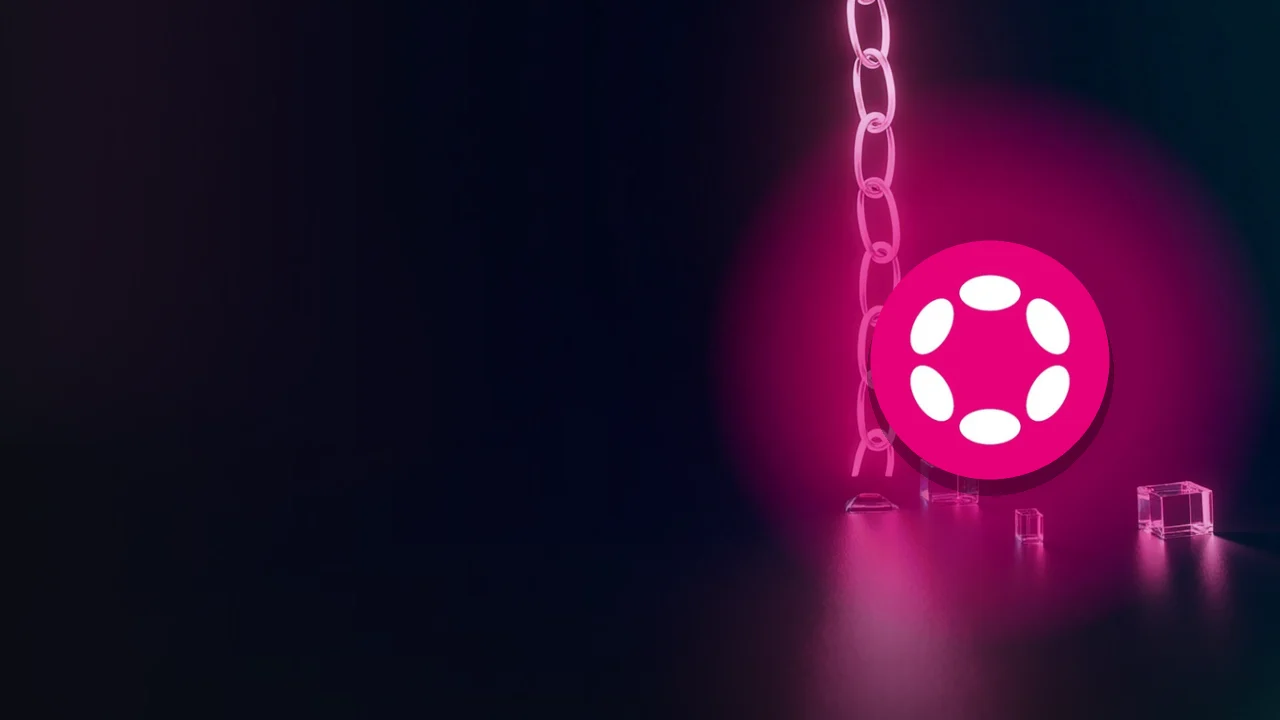 Le logo Polkadot sur une scène bleu marine sombre de blocs de verre reliés par une lumière magenta éclatante.