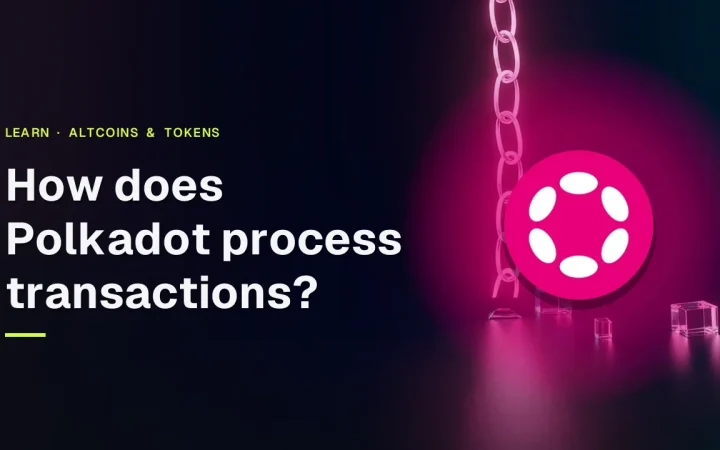 The guide title and Polkadot logo over a dark navy scene of glass blocks linked by glowing magenta light.