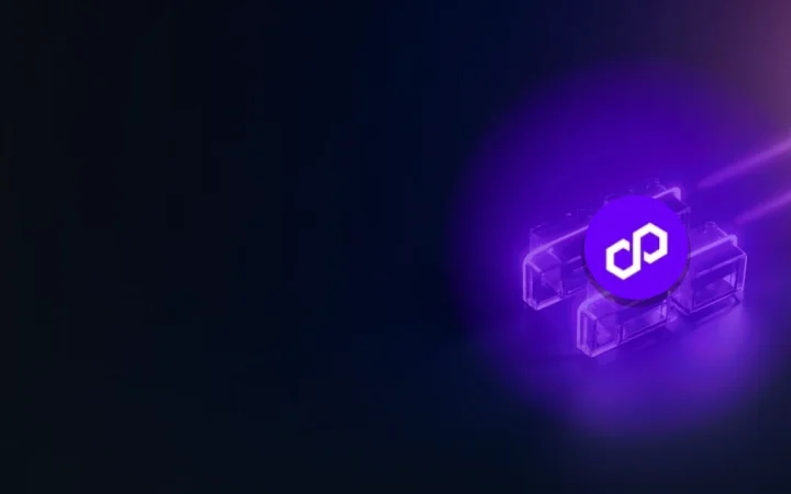 The Polygon logo over a dark navy scene of glass blocks linked by violet light.