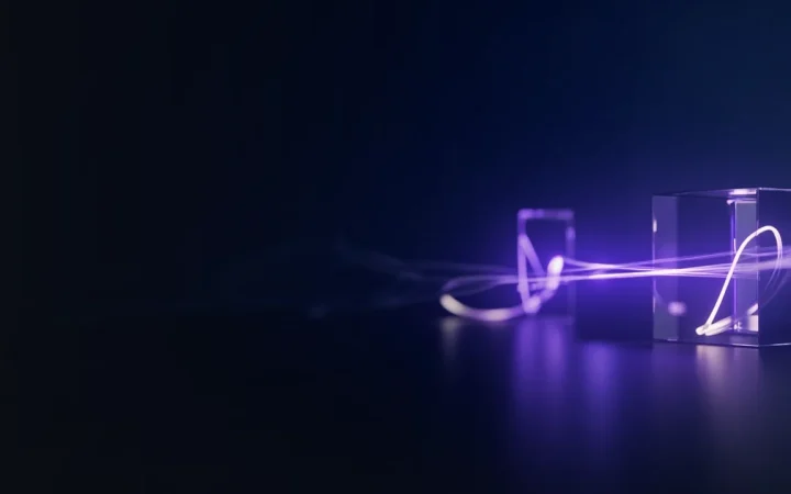 En mörkblå bakgrund med glödande violetta glasblock sammanfogade av ljuslinjer till höger.