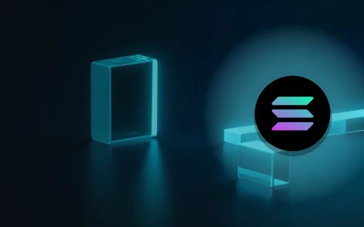 Solana-logoet over en mørk navy-scene med glasblokke forbundet af glødende cyan lys.