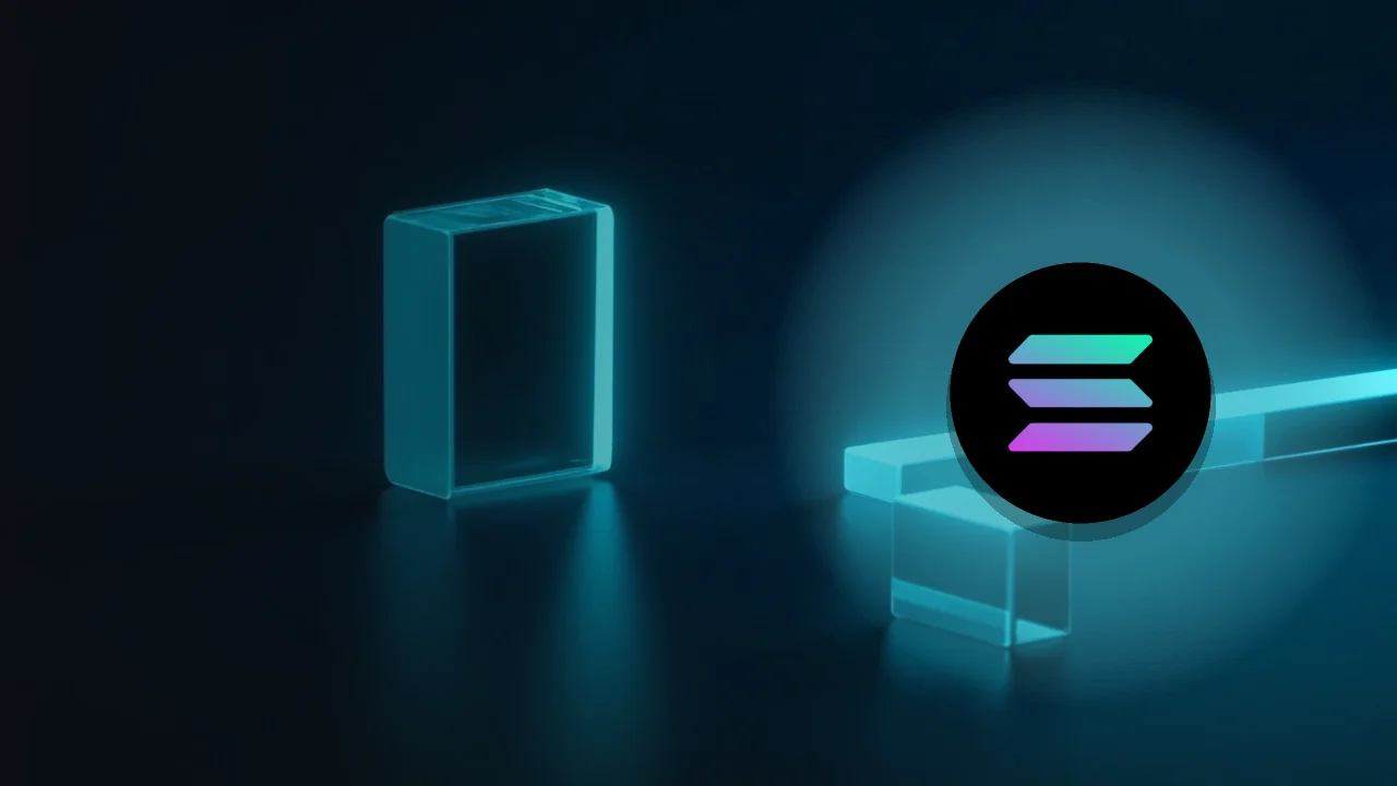 The Solana logo over a dark navy scene of glass blocks joined by glowing cyan light.