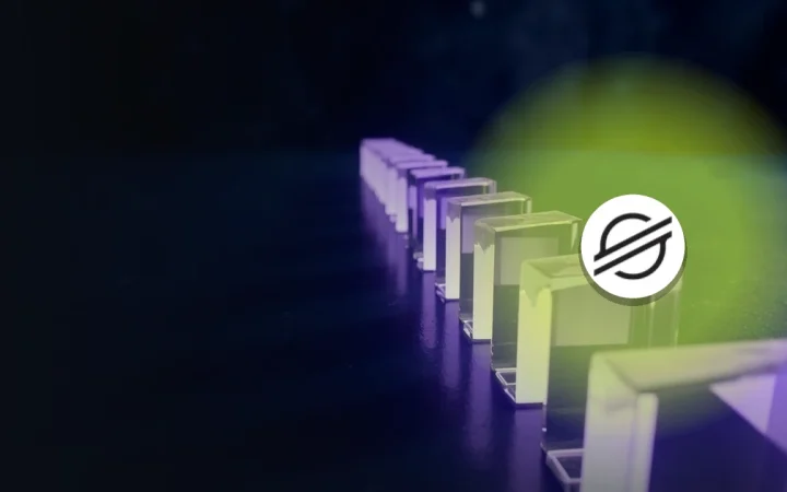 The Stellar logo over a dark navy background with a chain of glowing glass blocks linked by violet light.