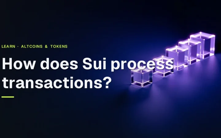 The title How does Sui process transactions appears over a dark navy background with glowing violet glass blocks and light lines on the right.