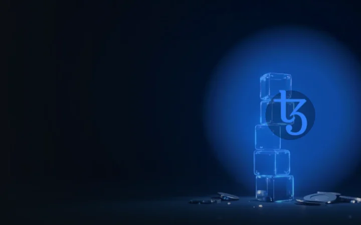 The Tezos logo over a dark navy background of glowing glass cubes and blue light lines.