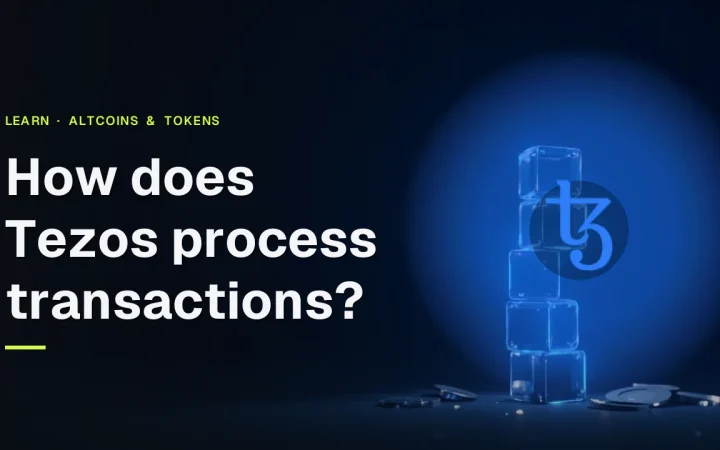 The title of the Tezos guide with the Tezos logo over a dark navy background of glowing glass cubes and blue light lines.