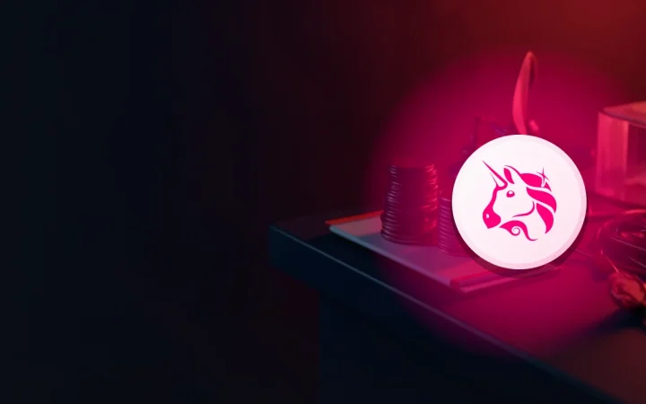 The Uniswap logo over a dark navy desk scene with blank metal tokens and a glass block.