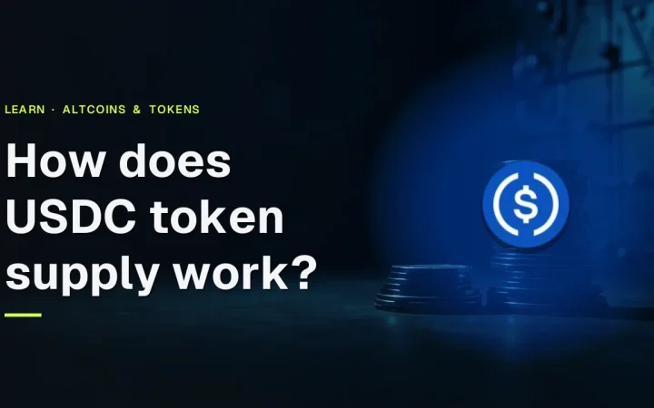 The title How does USDC token supply work with the USD Coin logo above stacks of blank coins in a dark blue vault.