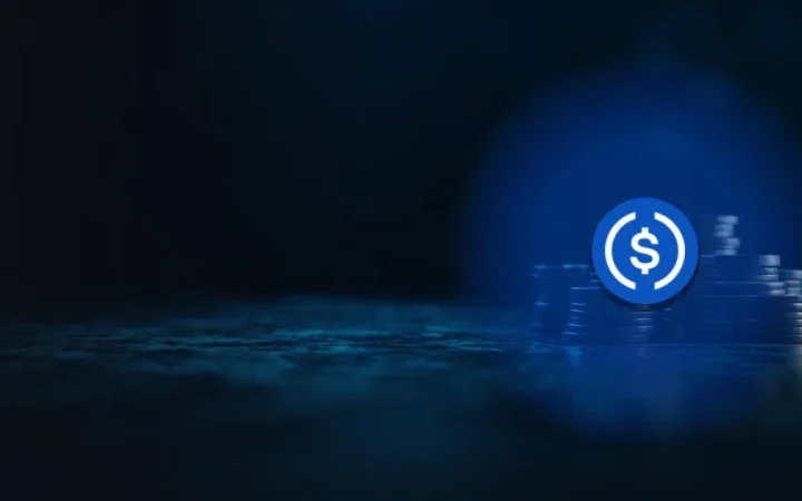 暗い青の金庫の中で、無地のコインの山の上にUSD Coinのロゴ。