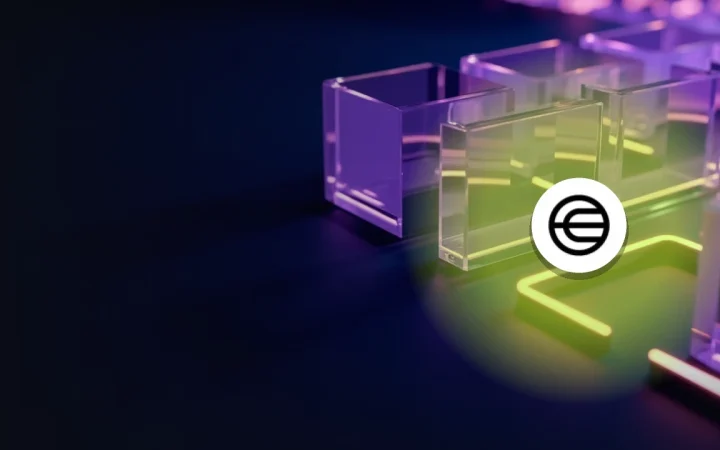 The Worldcoin logo over glowing violet glass blocks linked by light on a dark navy background.