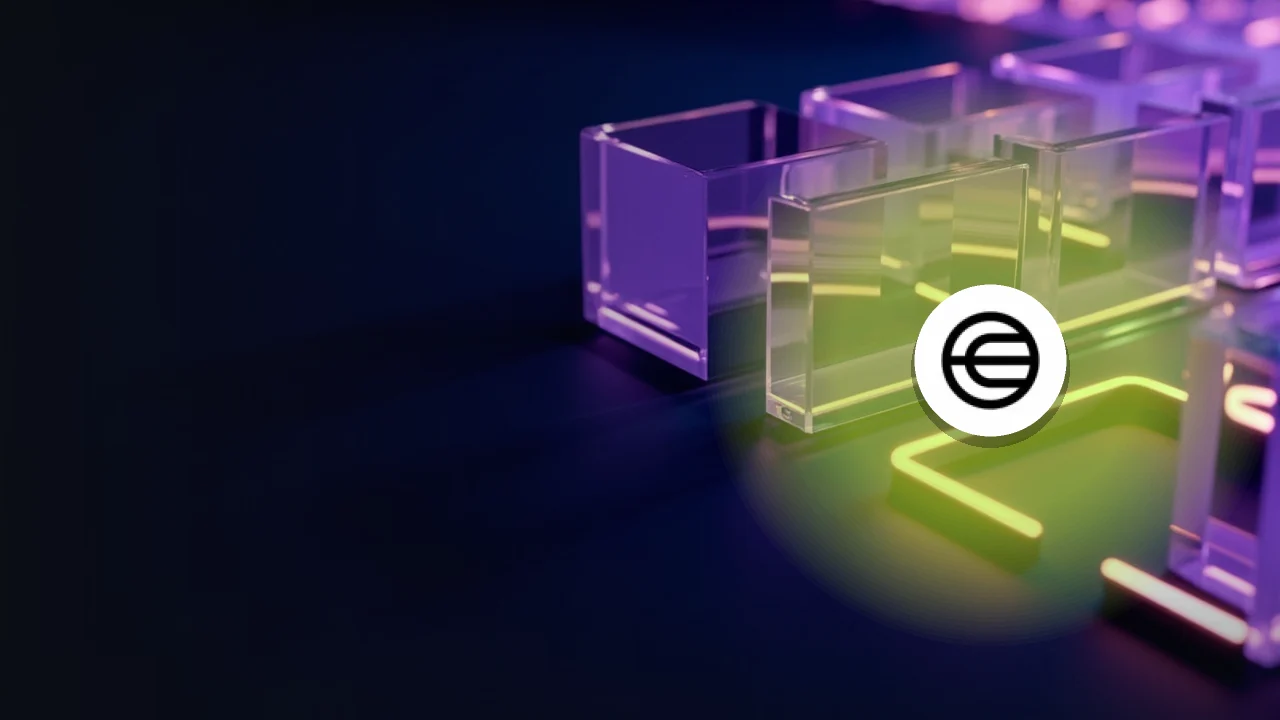 Le logo Worldcoin sur des blocs de verre violet lumineux reliés par la lumière sur un fond bleu marine foncé.