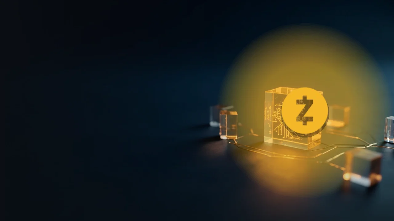 El logotipo de Zcash sobre un fondo azul marino oscuro con bloques de cristal dorados y brillantes a la derecha y espacio oscuro vacío a la izquierda.