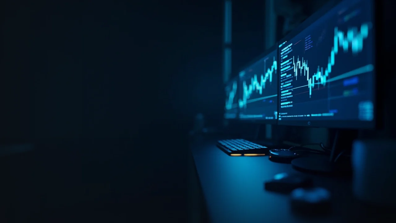 A dark navy desk with glowing blue monitors showing abstract flow charts on the right.