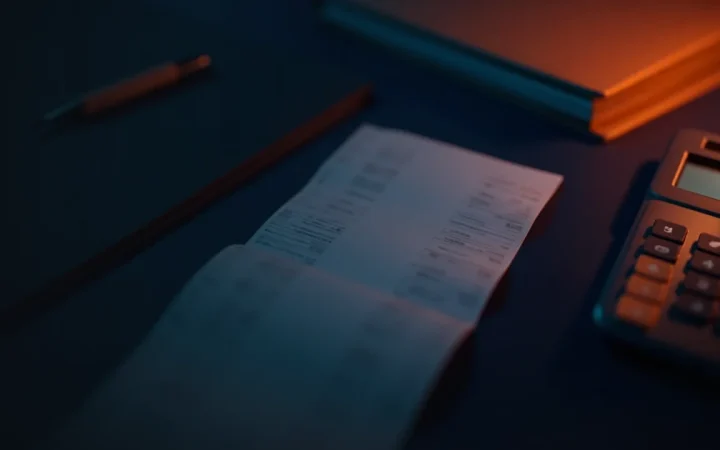 A dark desk with a blank receipt, calculator and pen.