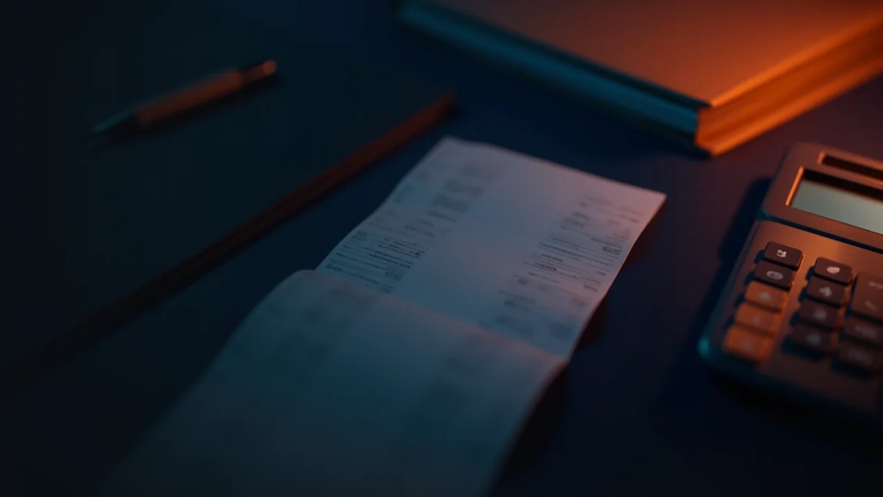 Ein dunkler Schreibtisch mit einer leeren Quittung, Taschenrechner und Stift.