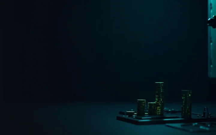 En mørk baggrund med stabler af tomme mønter, en glasboks, en stålplade og en hængelås oplyst i teal.