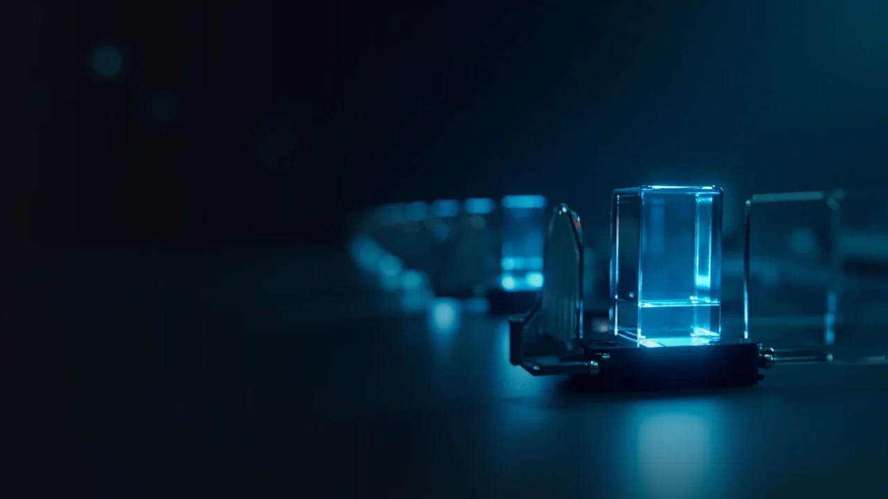 En mørk baggrund med glødende cyan glasblokke forbundet af lyse linjer til højre.