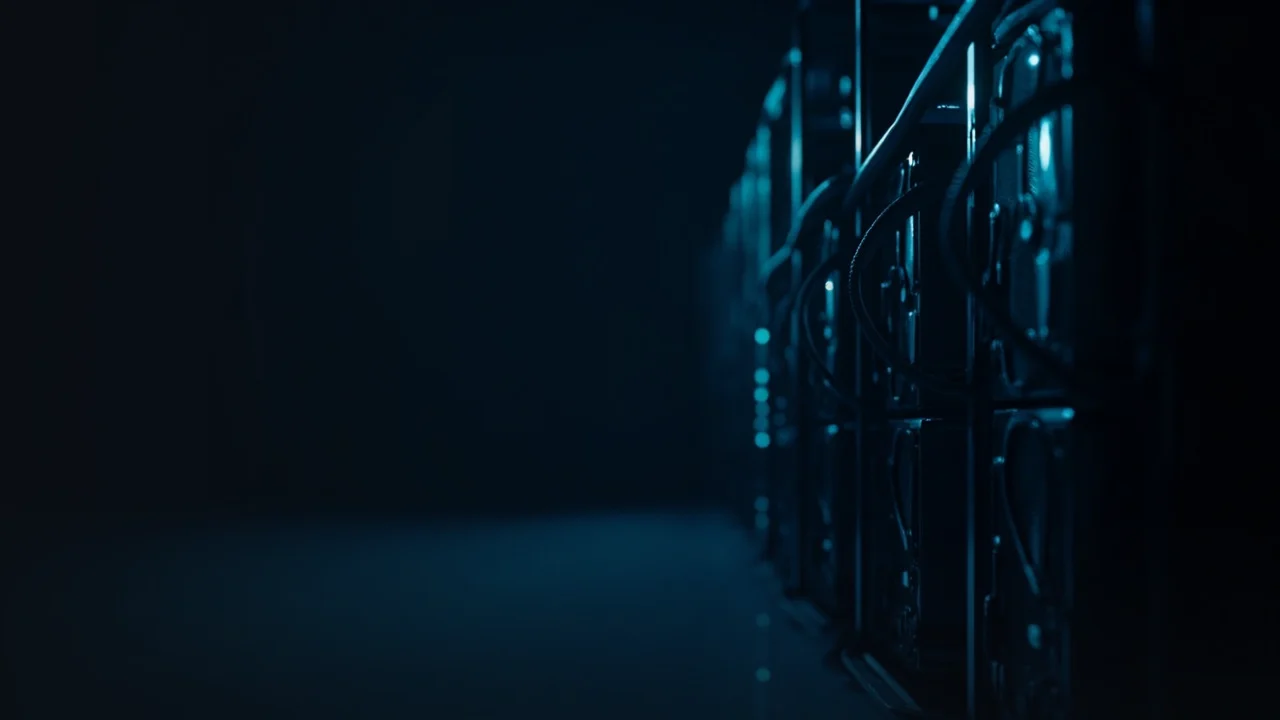 A dark background with mining machines and glowing cyan blue fans and cables.