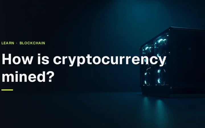 How is cryptocurrency mined? title over a dark background with mining machines and glowing cyan blue fans and cables.