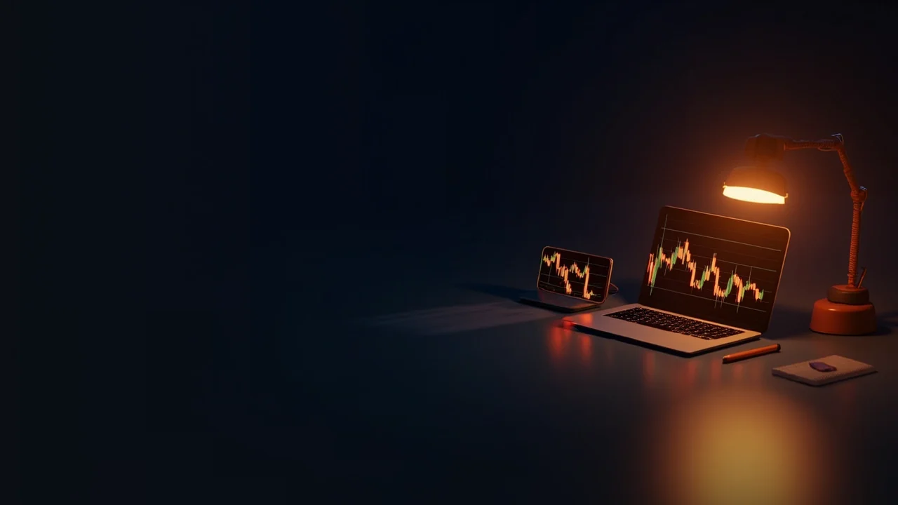 Un escritorio oscuro con un portátil, un teléfono y un monitor que muestran gráficos naranjas encendidos.