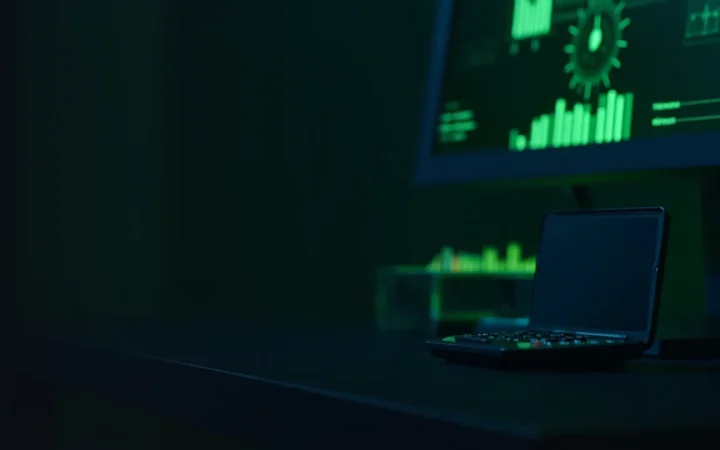 A dark desk with a glowing chart, a glass block and a blank calculator.