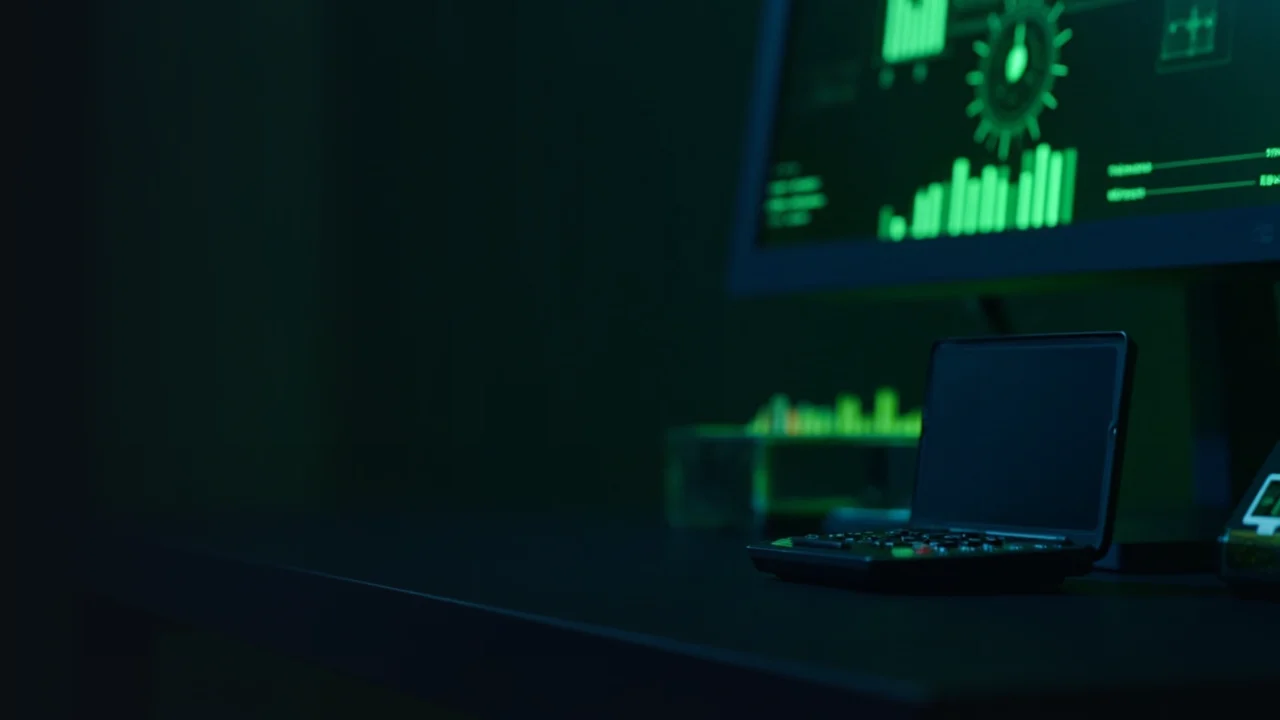A dark desk with a glowing chart, a glass block and a blank calculator.