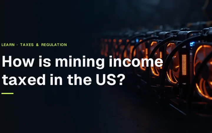 The title How is mining income taxed in the US appears over a dark background with glowing mining machines and cables on the right.