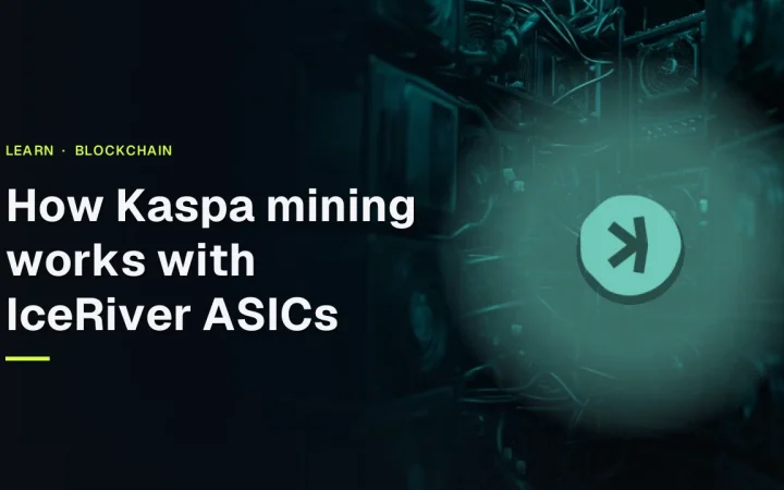 Titlen Hvordan Kaspa mining fungerer med IceRiver ASIC'er og Kaspa-logoet over rækker af mørke mining-maskiner oplyst af teal-lys.