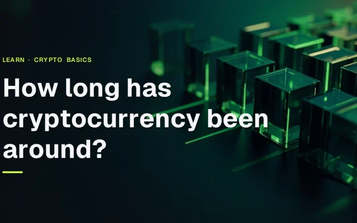 The title How long has cryptocurrency been around? over a background of dark glass blocks linked by glowing lime green lines.