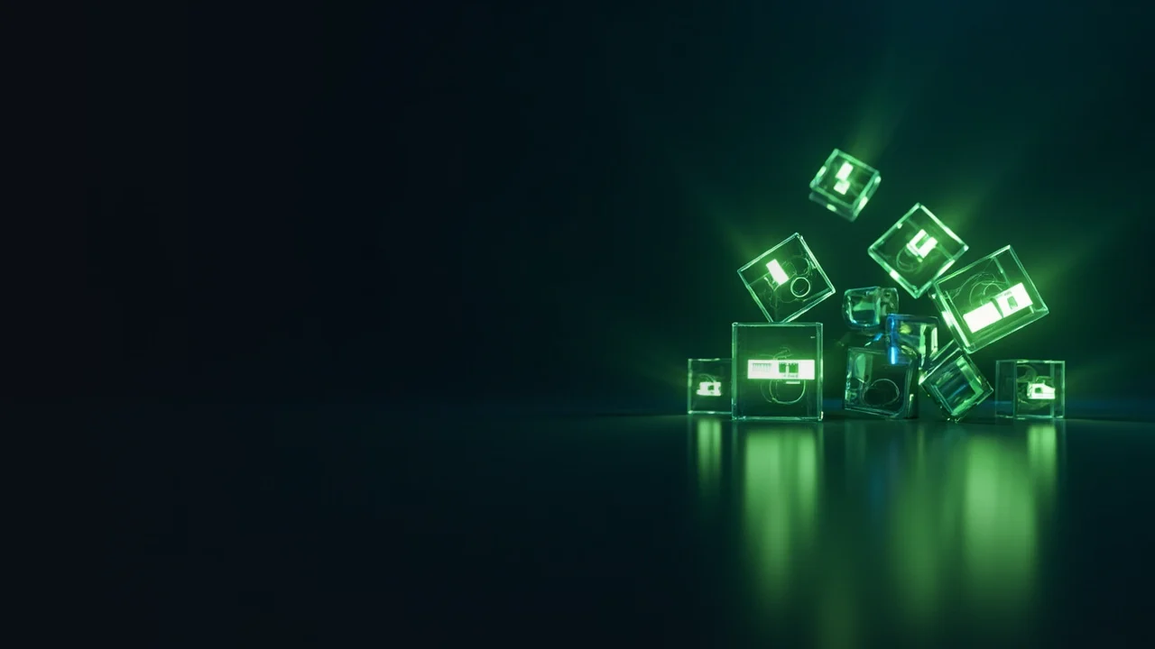 Un fondo oscuro con bloques de cristal brillantes y barras de datos abstractas a la derecha.