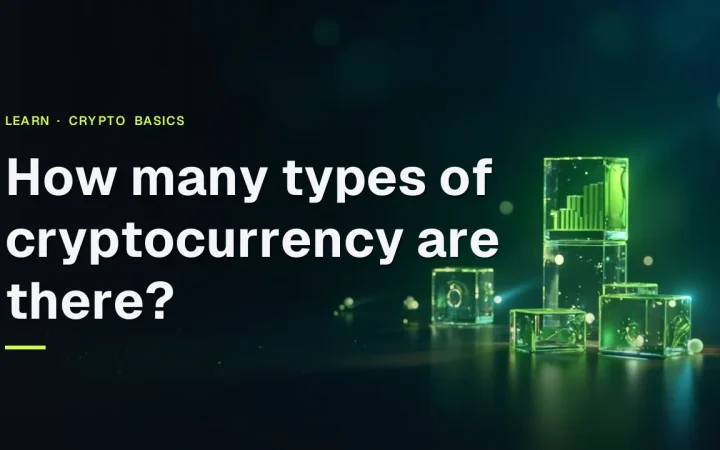The title How many types of cryptocurrency are there? over a dark background with glowing glass blocks and abstract data bars on the right.