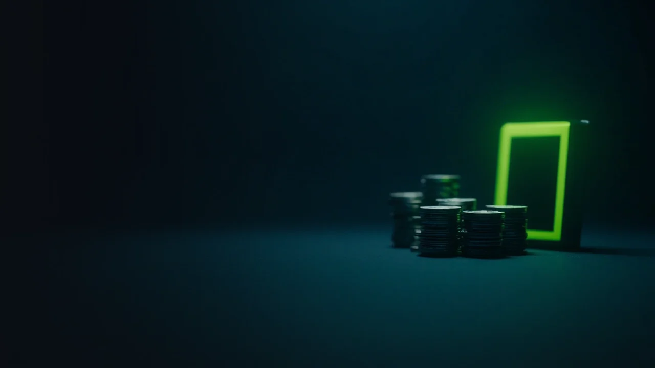 Un fondo azul marino oscuro con un terminal verde lima brillante y monedas metálicas en blanco a la derecha.
