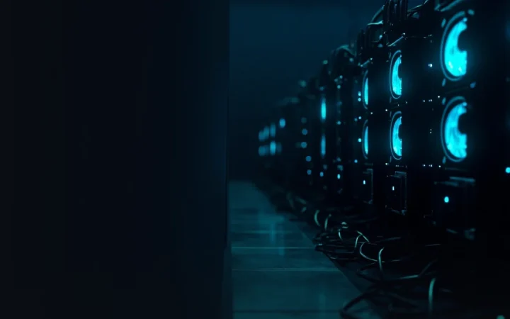 En mørk navy baggrund med glødende cyan mining-rigs til højre.