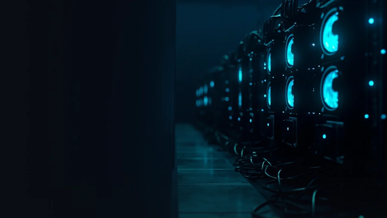 A dark navy background with glowing cyan mining rigs on the right.
