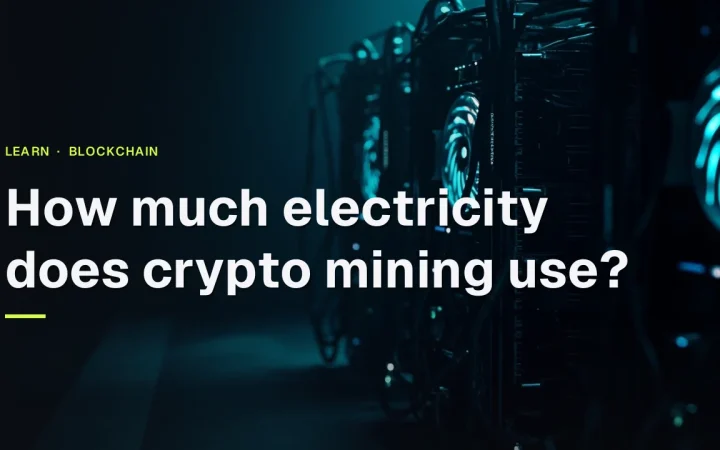 The guide title 'How much electricity does crypto mining use?' over a dark navy background with glowing cyan mining rigs on the right.