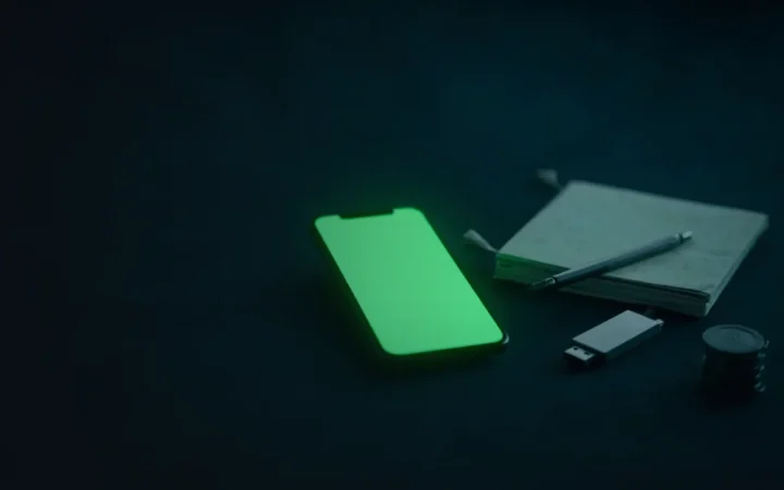 Et mørk navy skrivebord med en tom smartphone, metalplader, et USB-drev og en notesbog, oplyst af limegrønt lys, med venstre side tom.