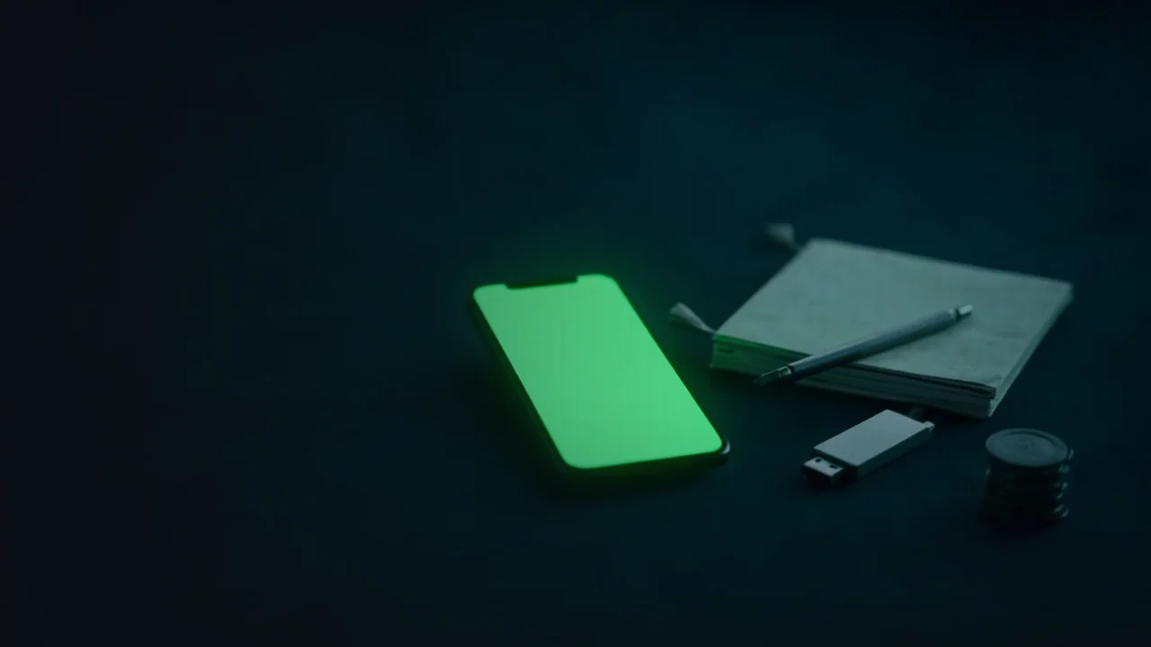 Un escritorio azul marino oscuro con un smartphone en blanco, placas metálicas, una unidad USB y un cuaderno, iluminado por una luz verde lima, con el lado izquierdo vacío.