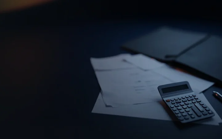 Een donker bureau met blanco belastingformulieren, een rekenmachine, een pen en een map onder warm oranje licht.