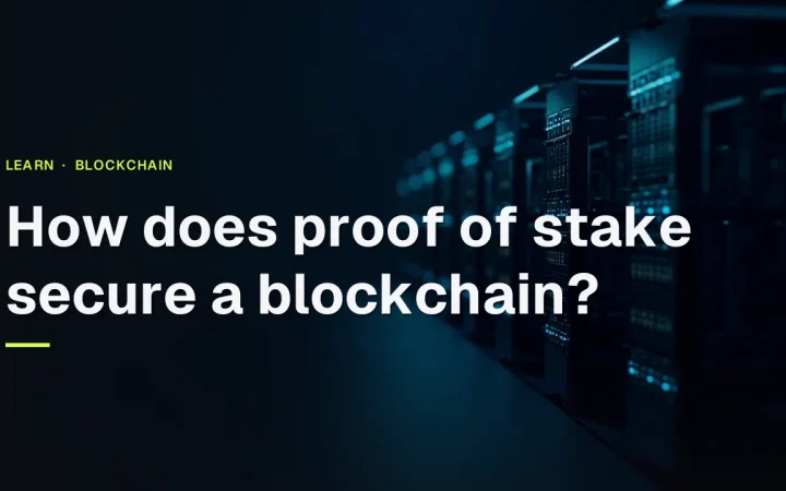 The cover shows the title How does proof of stake secure a blockchain? over a dark background with glowing server racks on the right.