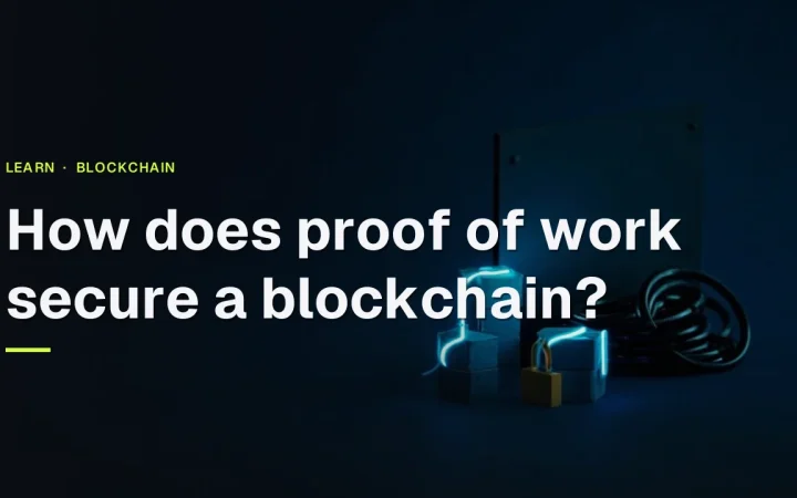 The title How does proof of work secure a blockchain? over a dark navy background with steel cubes linked by glowing cyan lines and a padlock.