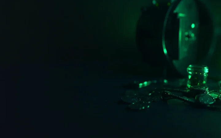 Ein dunkelblauer Schreibtisch mit einem Stahltresor, leeren Metall-Tokens und einem Glasgefäß, das rechts von smaragdgrünem Licht beleuchtet wird.